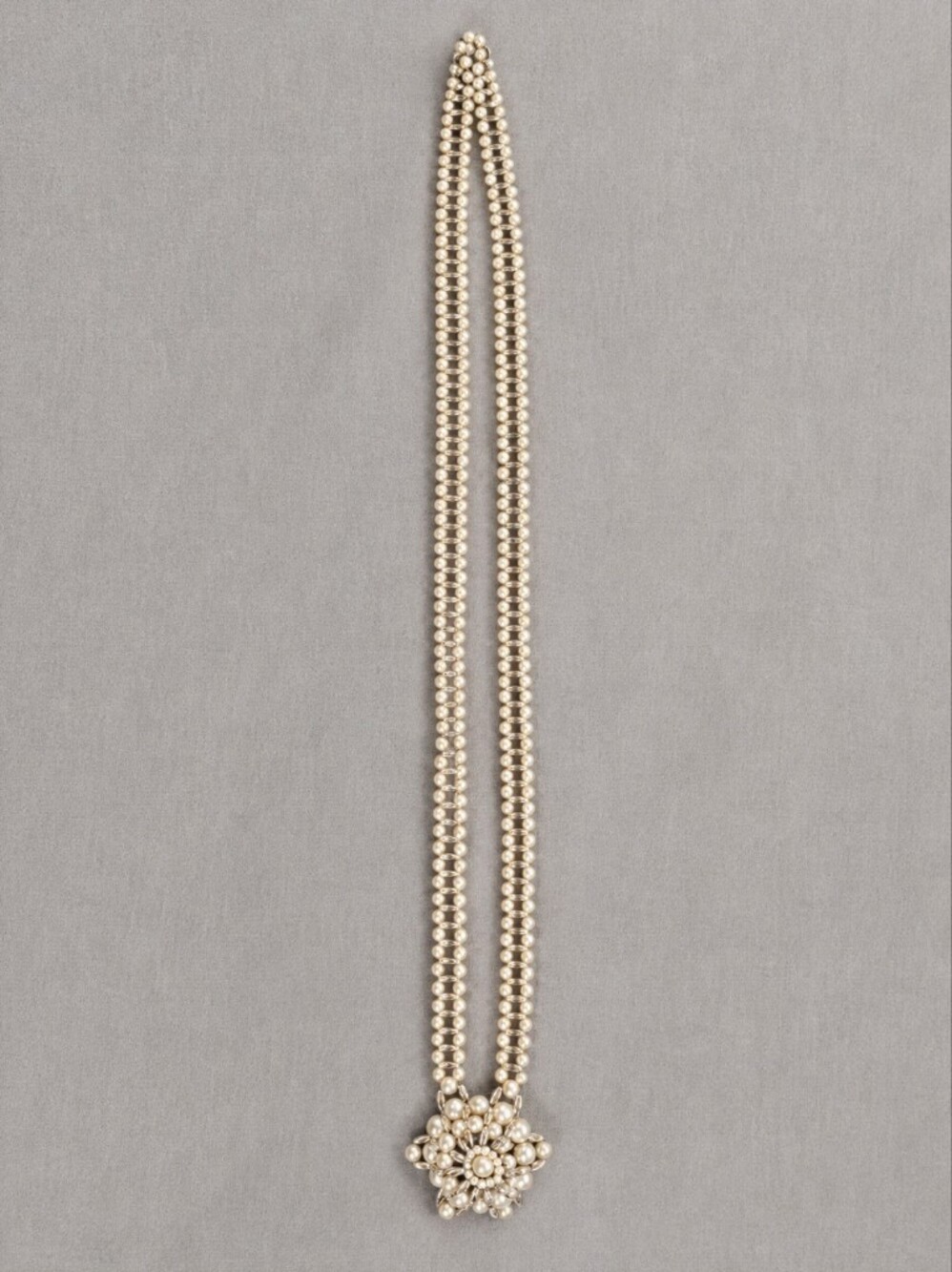 Vintage Cream Multi-Strand Faux Pearl Statement Necklace 17" Medallion Accent